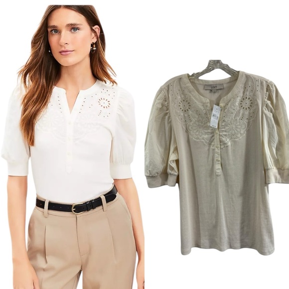 LOFT Tops - Loft Eyelet Yoke Mixed Media Top in Ecru Ivory Cream Size L Large #596116